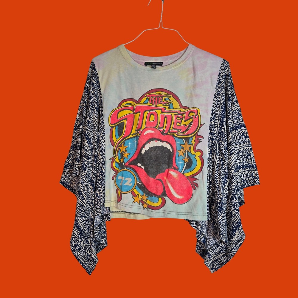Shannon Passero Rolling Stones Graphic Tie Dye Paisley Batwing Sleeve Top OS